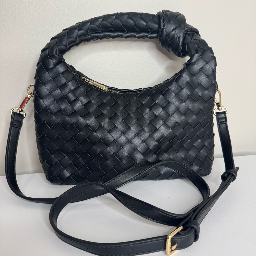 NWT Black‎ Woven Faux Leather Knotted Convertible Shoulder Crossbody Bag Small